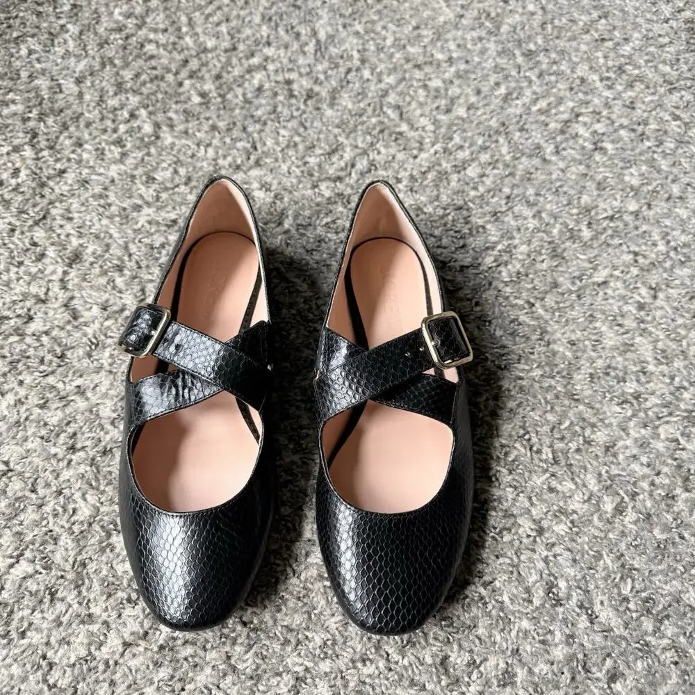 J Crew Logan Crisscross Strap Mary Jane Ballet Flats Shoe Black Leather 9 New